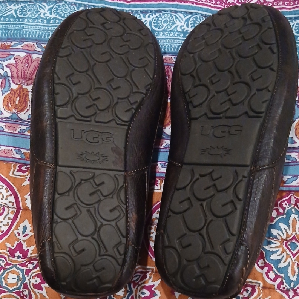 UGG Men's Black Leather Shearling Moccasin Slippers - Picture 4 of 6